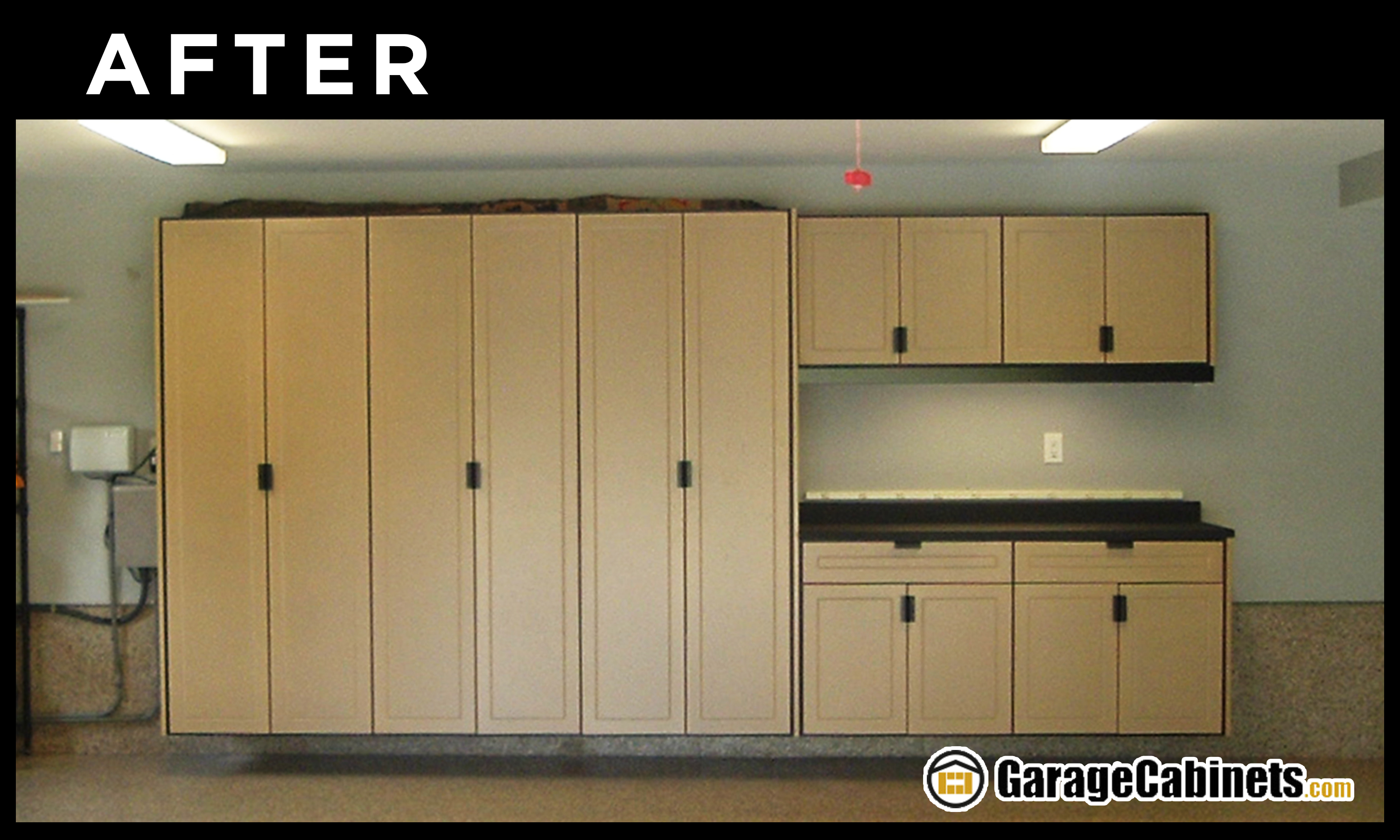 Organized Garage Storage Wall WorkSpace Garage Cabinets gave this family a lot of storage options.