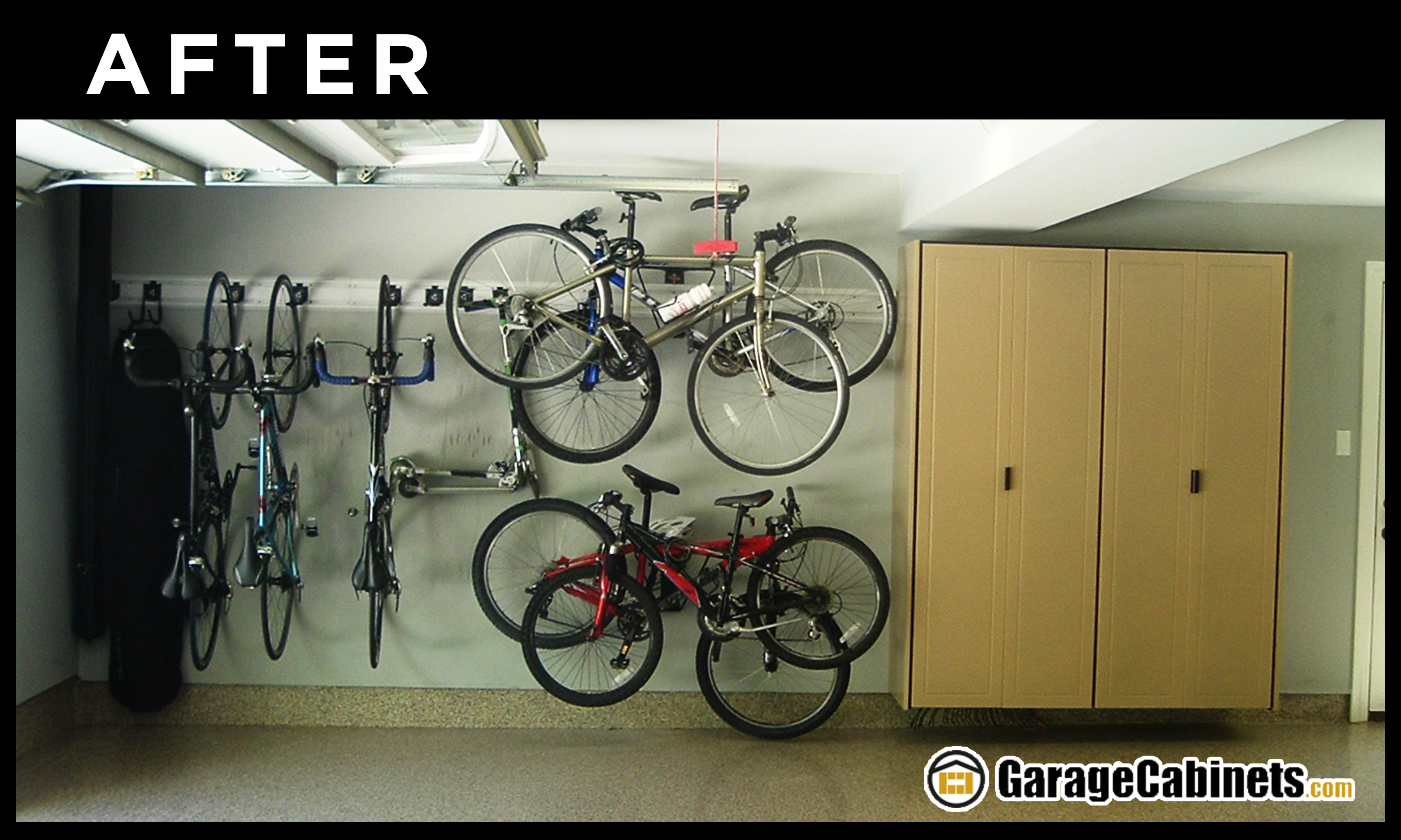 Bike Storage Racks Organize The Garage Bike storage racks and tall cabinets were added for this garage makeover.