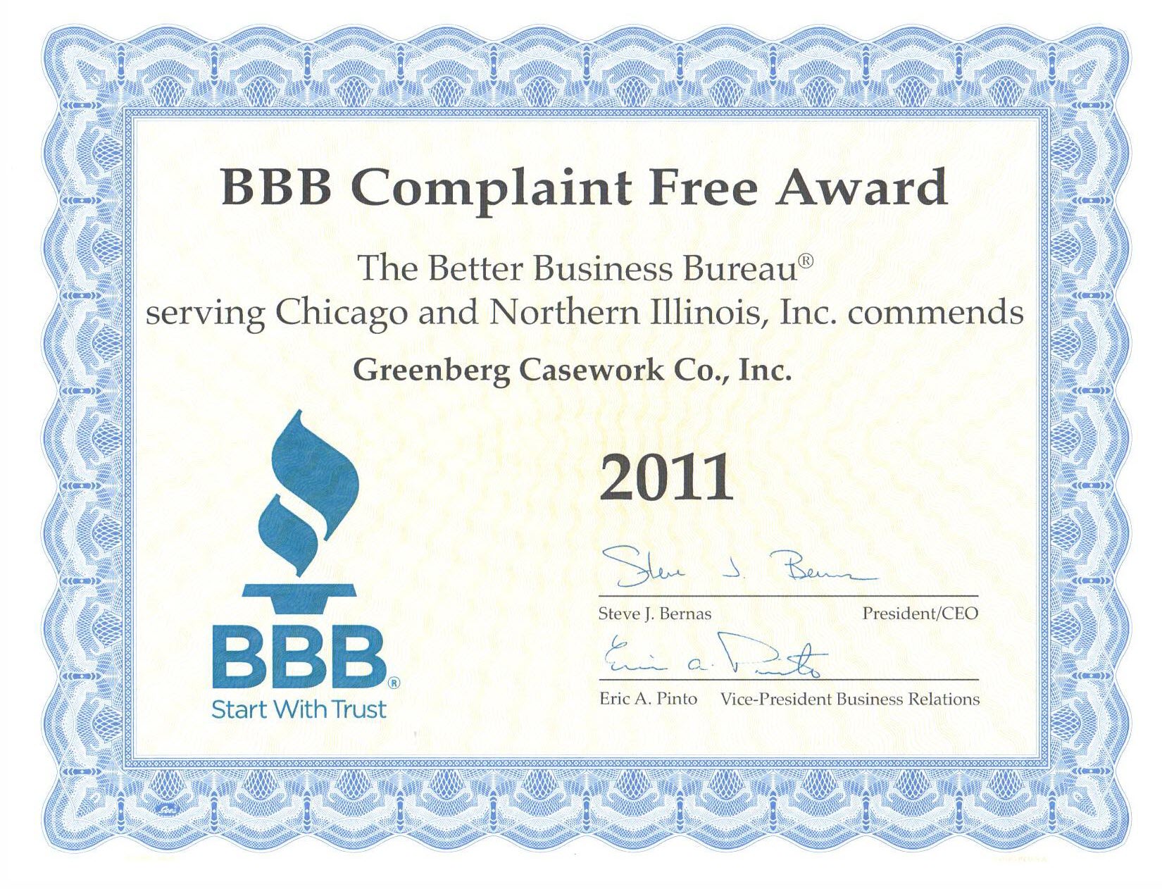 The BBB 'Complaint Free Award' given to GarageCabinets.com in 2011