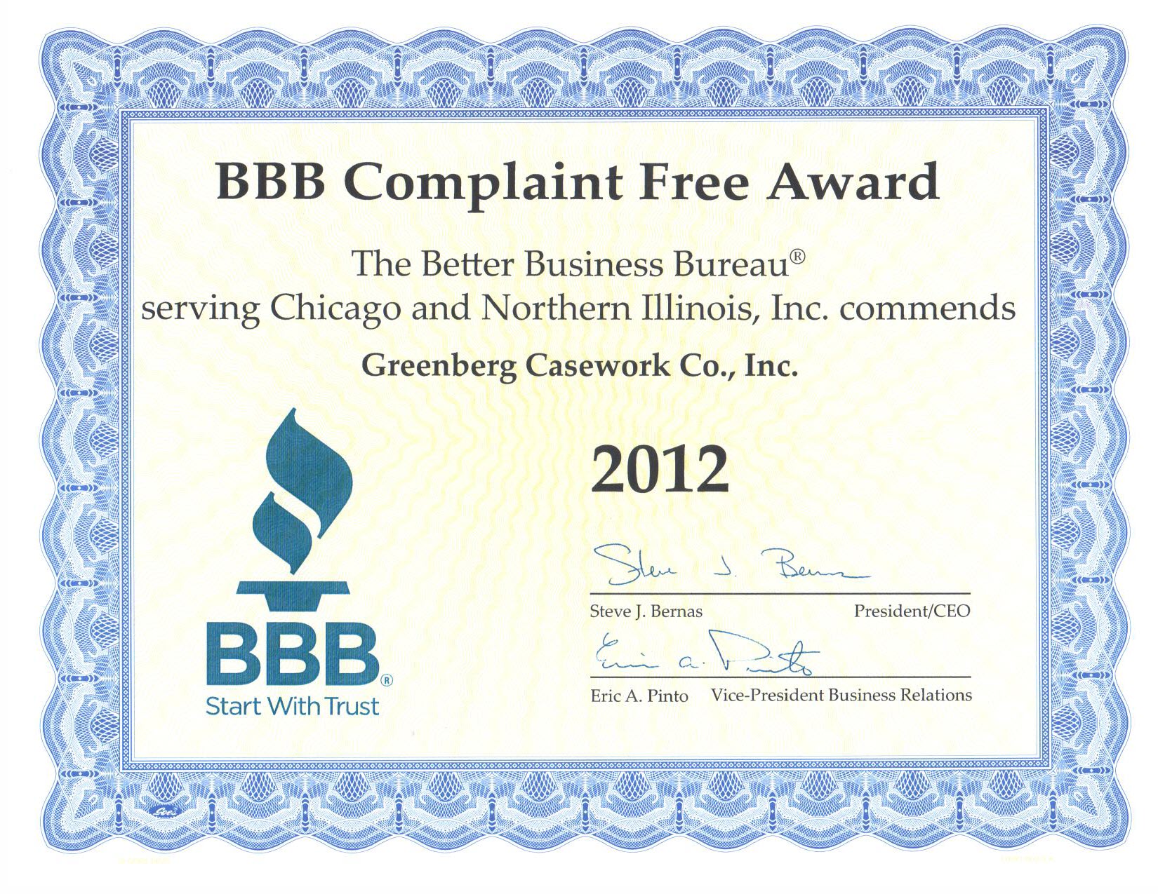 The BBB 'Complaint Free Award' given to GarageCabinets.com in 2012