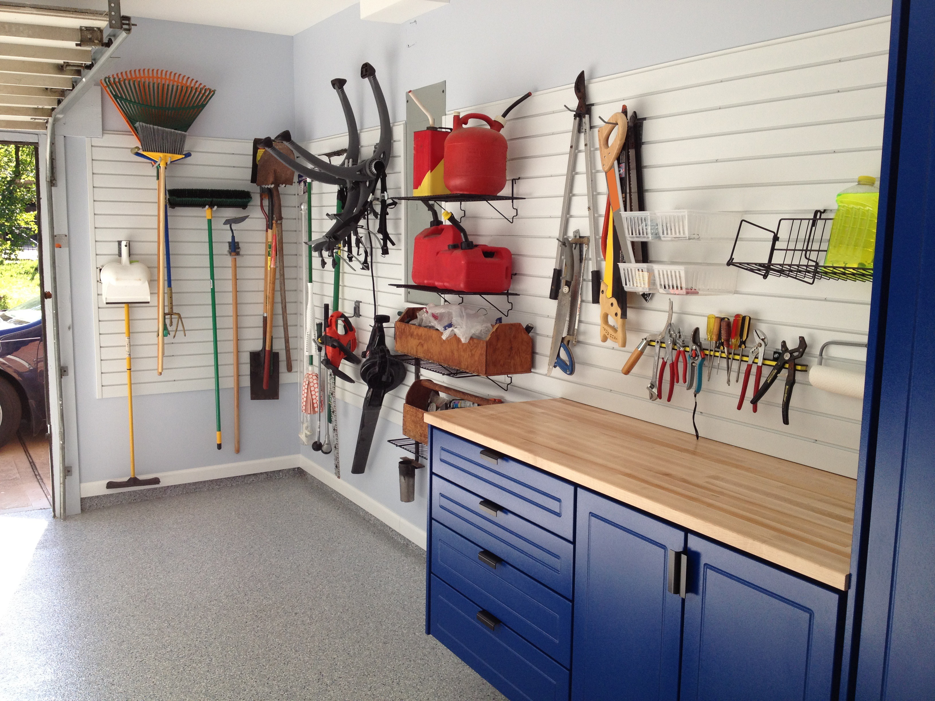 SlatWall Panels & SlatWall Accessory Tool Storage Paired With Powder Coated Blue Garage Cabinets
