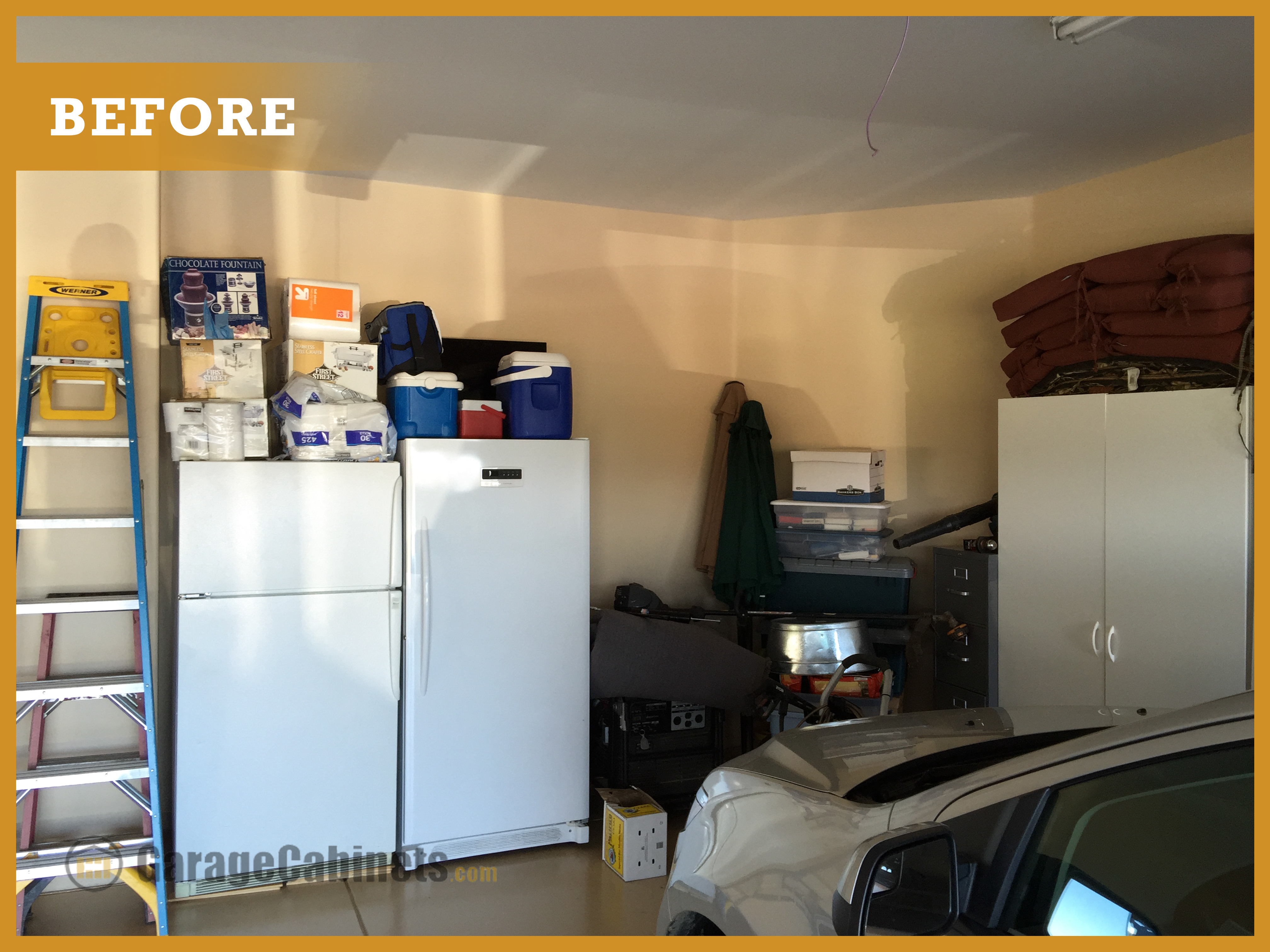 "Before" images of unorganized garage in need of storage cabinets.