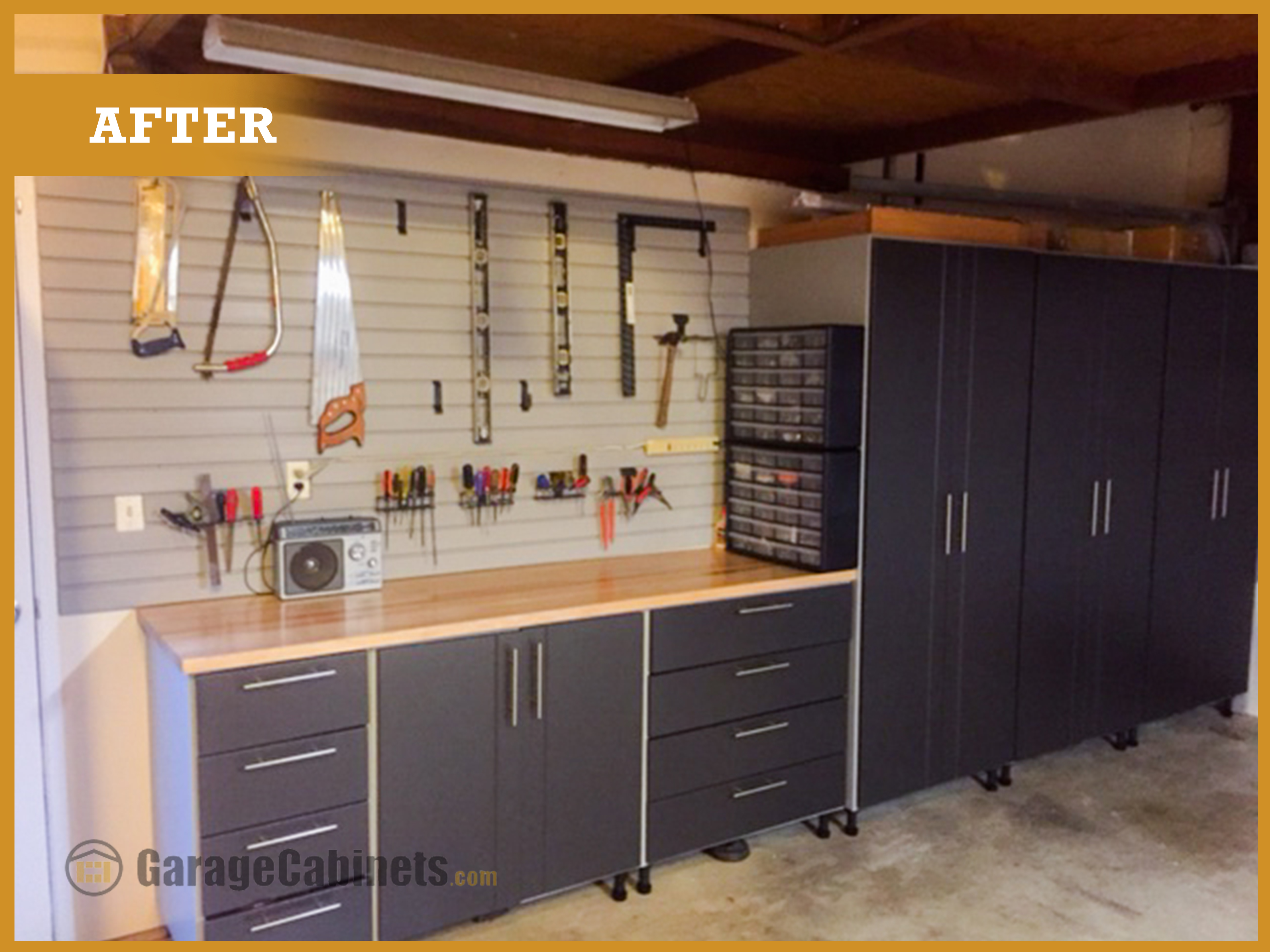 "After" Garage storage solution with slatwall and pewter garage cabinets.